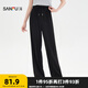 三福休閑褲2025夏季抽繩松緊腰基礎簡約直筒長褲女裝501099 黑色 L