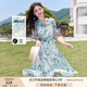 香影小清新v領(lǐng)碎花連衣裙女2025夏季新款木耳邊藍色泡泡袖雪紡裙 藍色 S