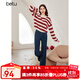 百圖betu女裝冬季新款毛衣時髦條紋溫暖毛絨長袖毛衫女2312T10 紅白條 S