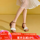 包小姐與鞋先生2025年夏季新款一字帶方頭貝母馬蹄跟涼鞋女252379 棕色/米白色 38