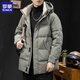 羅蒙羽絨服男鵝絨冬季連帽2025新款潮流大碼男士保暖外套中長(cháng)款 灰綠色 L 適合125-145斤