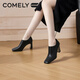 康莉（COMELY）羊皮短靴女款2025年最新款冬季氣質(zhì)百搭高跟鞋簡(jiǎn)約裸靴 黑色 36