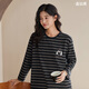 秋鹿睡裙女25秋冬新款云朵純棉長(cháng)袖條紋高級感舒適家居服連衣裙 晶鉆黑 L