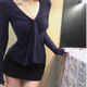 微光里純欲風(fēng)v領(lǐng)藍色長(cháng)袖T恤女春秋季新款小眾設計感收腰打底衫純欲上衣 純欲風(fēng)長(cháng)袖上衣【藏青色 S】