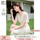 香影（xiangying）v領(lǐng)蕾絲連衣裙女2025夏季新款重工米白色高級(jí)感法式鏤空裙子 米色 M