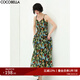 COCOBELLA油畫(huà)風(fēng)印花抽褶吊帶連衣裙飄逸氣質(zhì)沙灘長(cháng)裙FR565 油畫(huà)花 S