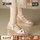 ZHR頭層牛皮涼鞋女厚底坡跟女鞋度假交叉帶舒適鞋子女 S169 米色 36
