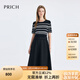 PRICH撞色條紋拼接連衣裙2025夏季新款短袖針織收腰修身中長裙女 19黑色 S