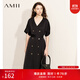 AMII女裝2025夏季極簡(jiǎn)輕奢緞面V領(lǐng)雙排扣微彈中長(zhǎng)配腰帶連衣 黑色 XL 170/92A