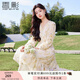 香影碎花v領連衣裙女2025秋季新款燙金黃色花朵氣質(zhì)法式雪紡裙子 黃色 S