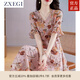ZXEGI收腰顯瘦100%桑蠶絲真絲連衣裙夏季新款時(shí)尚印花韓版高端A字裙女 粉色 2XL （116-125斤）
