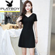 花花公子（PLAYBOY）赫本風(fēng)短袖小黑裙連衣裙2025新款大尺碼女夏季收腰氣質(zhì)短 黑色V0領(lǐng) (60面料) XL