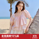 樂(lè)町韓系少女感雙層甜美A版雪紡衫夏季新款好看領(lǐng)口綁帶上衣 粉色（現(xiàn)貨） M
