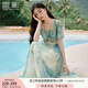 香影海邊度假暈染連衣裙女2025夏季新款民族風(fēng)波西米亞v領(lǐng)雪紡裙 綠花 連衣裙  L 165/88A/110-125斤