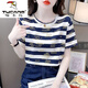 啄木鳥(niǎo)（TUCANO）短袖T恤女字母印花條紋女士t恤短袖2025夏天新款韓版百搭圓領(lǐng) 藍色 【優(yōu)質(zhì)】 2XL 建議130-155斤