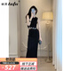 她芙（tafu）品牌女裝小香風(fēng)連衣裙女2025夏季新款針織馬甲開(kāi)叉半身裙兩件套 黑色 M