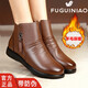 富貴鳥(niǎo)短靴女棉鞋皮毛一體媽媽皮鞋女冬季加絨保暖真皮平底中老年棉皮鞋 FG409棕色[羊毛內里] 35 腳寬胖選大一碼