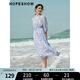 紅袖海邊度假連衣裙夏季2024新款女裝 收腰V領碎花垂感顯瘦氣質雪紡裙 白底藍花674 S
