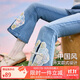 ASK JUNIOR兒童女童褲子秋季大童喇叭褲國風(fēng)刺繡牛仔長(cháng)褲運動(dòng)風(fēng) 藍色 120