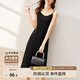 尚都比拉夏季吊帶連衣裙女士性感V領(lǐng)別致肌理感中長(zhǎng)款A(yù)字裙 黑色 M