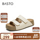 百思圖25夏復(fù)古休閑勃肯鞋厚底女拖鞋B9312BT5 米色 36