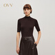 OVV【黃金羊毛】2025秋冬新款女裝舒彈半高領(lǐng)簡(jiǎn)約短袖針織衫 勃艮第紅 S
