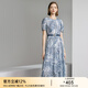 顏域印花短袖連衣裙女裝2024新款夏裝復古通勤藍色中長(cháng)款圓領(lǐng)裙子 藍花 M/38
