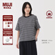 無(wú)印良品（MUJI）女式 條紋 圓領(lǐng)短袖T恤 上衣打底衫女款內搭女裝女士 藏青色圖案5S L (165/88A)