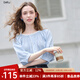 百圖betu女裝2025夏季新款襯衫撞色花邊打攬100%棉七分袖上衣2507T64 藍色 L