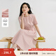 茵曼2025夏季女裝新款歐若風(fēng)圓領(lǐng)抽褶腰帶棉質(zhì)混紡短袖氣質(zhì)連衣裙 淺粉色 S