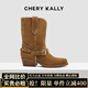 CHERY KALLY【徐若晗同款】氣質(zhì)復古騎士靴女士2025新款秋冬真皮粗跟中筒靴子 駝色 Camel 37