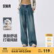 森馬（Semir）牛仔褲女純棉寬松闊腿褲顯瘦潮流秋季松弛感打褶長(cháng)褲腰帶復古 牛仔黃泥染80325 L