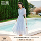 香影天藍(lán)色v領(lǐng)泡泡袖連衣裙女2025夏裝新款收腰絕美海邊碎花裙子 藍(lán)色 M 160/84A/95-110斤