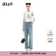 DZZIT地素背帶牛仔褲夏季貼布繡工藝直筒褲子女 藍(lán)色 S