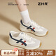 ZHR復(fù)古德訓(xùn)鞋女新款軟厚底透氣運(yùn)動鞋女百搭休閑女鞋 KS69 米藍(lán) 37