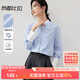 尚都比拉春夏款撞色拼接條紋襯衫女落肩圓領(lǐng)長袖襯衣休閑上衣 藍條紋 XL