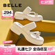 百麗（Belle）休閑人字拖鞋女真皮粗跟增高夾腳涼鞋B1782BT4 米白 36 (230mm)