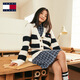 TOMMY JEANS【含羊毛混紡】秋冬女條紋肌理感慵懶寬松針織開衫外套18676 藍白紅拼色YBH M （推薦：115-130斤）