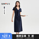 三福連衣裙2025秋季綁帶領(lǐng)口拼蕾絲褶皺收腰裙子女裝504856 寶藍 L