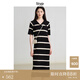 旅途原品（ltyp）明星同款真絲亞麻棉休閑V字翻領條紋針織連衣裙女中長裙 杏黑色-經典條紋-真絲亞麻棉 L -XL-165-170cm（現(xiàn)貨）