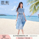 香影藍色泡泡袖連衣裙女2025夏季新款法式超好看風(fēng)琴褶正肩高腰裙 藍色 L