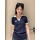 LDBE櫻桃刺繡polo領(lǐng)短袖t恤女學(xué)院風(fēng)修身顯瘦設(shè)計(jì)感小眾藏青正肩上衣 藏青色 M 80-95斤