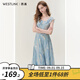 西遇藍(lán)色網(wǎng)紗連衣裙女夏季新款碎花法式v領(lǐng)荷葉邊吊帶裙 藍(lán)色 M (160)