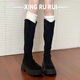微光里 靴子女長(cháng)靴2025秋冬新款厚底增高絨面V口中筒騎士靴大筒圍瘦瘦靴 黑色 37
