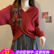 歐貝汐毛衣女交叉設計感V領(lǐng)紅色春秋冬慵懶風(fēng)內搭打底針織衫圣誕新上衣 紅色 均碼
