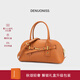 特洛利思（DENUONISS）水晶植鞣頭層牛皮保齡球包復古鎖扣手提包女斜跨包輕奢真皮貝殼包 焦糖色-禮盒包裝+賀卡
