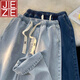 JEZE淺藍(lán)色松緊高腰春秋新款牛仔褲女寬松直筒小個(gè)子大碼闊腿褲子 淺藍(lán)色【z】 L 115-130斤