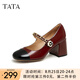 他她（TATA）法式小香風瑪麗珍女鞋高跟鞋小皮鞋單鞋女新品春秋7YA01AQ3 酒紅/黑 38