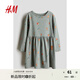 H&M童裝女童連衣裙秋季長(cháng)袖喇叭裙擺公主裙1245392灰綠色/動(dòng)物120 60 4-6Y