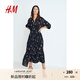 H&M女裝連衣裙2025夏花朵系帶燈籠袖皺感A字植物印花長裙1219083黑色/花卉M 165/96